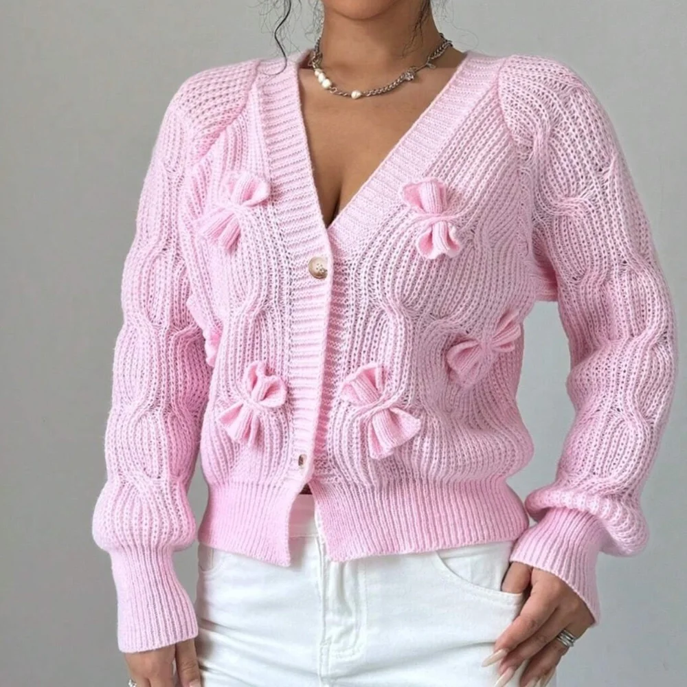 Classic Solid Bow Detail Button Down Fitted Cardigan